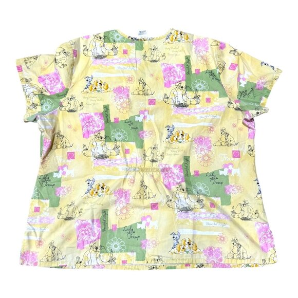Disney Lady & The Tramp Scrub Top 2X Yellow Pink Green V-Neck Short Sleeve READ - Picture 2 of 6